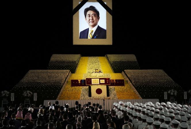 La cérémonie d’hommage à Shinzo Abe, au Nippon Budokan, dans le centre de Tokyo, le 27 septembre 2022.