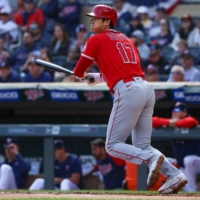The Angels' Shohei Ohtani singles against the Twins in Minneapolis on Sunday. | USA TODAY / VIA REUTERS