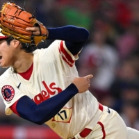 Los Angeles Angels starting pitcher Shohei Ohtani throws to the plate in the fourth inning against the Oakland Athletics at Angel Stadium, in Anaheim, California, on Thursday. | USA TODAY / VIA REUTERS