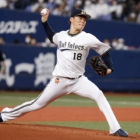 Yoshinobu Yamamoto pitches during Game 1 in the final stage of the Pacific League Climax Series in Osaka on Wednesday. | KYODO