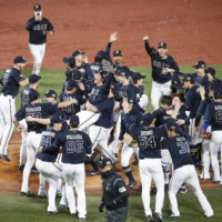 The Orix Buffaloes' win in this year's series is the team's first since 1996, when their predecessors, the Orix BlueWave, defeated the Yomiuri Giants. | KYODO