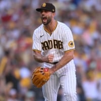 Padres reliever Nick Martinez reacts after an out in the sixth inning against the Phillies in Game 2 of the NLCS in San Diego on Wednesday. | USA TODAY / VIA REUTERS