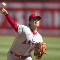 Angels starter Shohei Ohtani pitches against the A's in Oakland on Sunday. | USA TODAY / VIA REUTERS