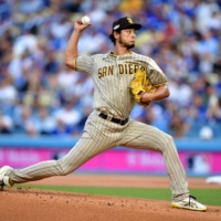 Padres starter Yu Darvish pitches against the Dodgers during Game 2 of the NLDS in Los Angeles on Wednesday. | USA TODAY / VIA REUTERS