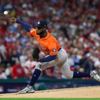 Astros starter Cristian Javier pitches against the Phillies during the first inning in Game 4 of the World Series in Philadelphia on Wednesday. | USA TODAY / VIA REUTERS
