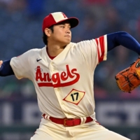 The Angels' Shohei Ohtani pitches against the Athletics at Angel Stadium in Los Angeles on Sept. 29. | USA TODAY / VIA REUTERS