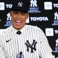 Aaron Judge speaks during a news conference in New York on Wednesday. | USA TODAY / VIA REUTERS