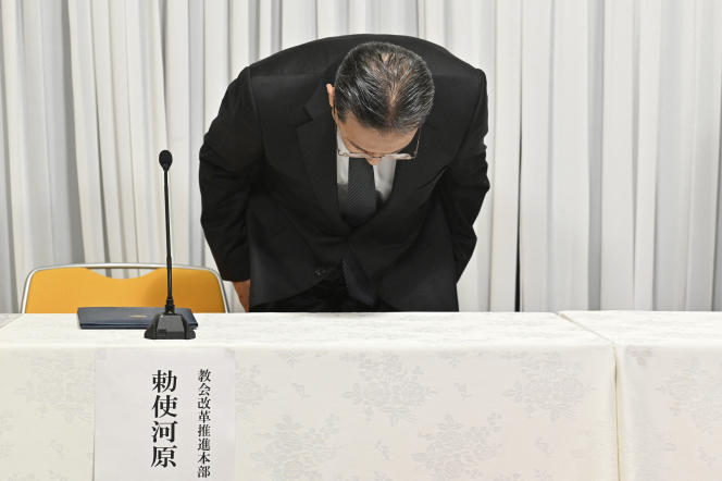 Hideyuki Teshigawara, un des responsables de l’Eglise de la réunification, lors d’une conférence de presse à Tokyo, le 22 septembre 2022. 