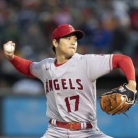 Angels starting pitcher Shohei Ohtani delivers a pitch against the Oakland Athletics during a game at RingCentral Coliseum in Oakland, California, on Thursday. | USA TODAY/ VIA REUTERS