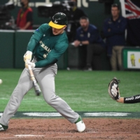 Australia's Alex Hall bats during the World Baseball Classic (WBC) Pool B round game against South Korea at the Tokyo Dome in Tokyo on Thursday. | AFP-JIJI
