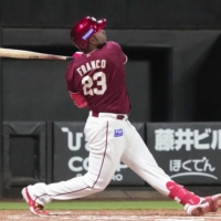 Eagles designated hitter Maikel Franco hits a two-run home run against the Fighters during the sixth inning at Es Con Field Hokkaido in Kitahiroshima, Hokkaido, on Thursday. | KYODO