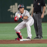 Japan outfielder Lars Nootbaar's 'pepper grinder' celebration has become a fan favorite during the World Baseball Classic. | AFP-JIJI