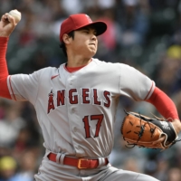 The Angels' Shohei Ohtani pitches against the Mariners in Seattle on April 5. | USA TODAY / VIA REUTERS