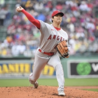 Shohei Ohtani walked one and struck out three in his rain-shortened appearance against the Red Sox in Boston on Monday. | USA TODAY / VIA REUTERS