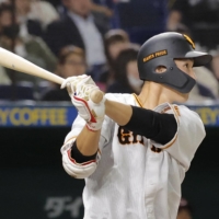 Giants outfielder Yuto Akihiro, who hit his first NPB home run for the Giants at Tokyo Dome on Saturday, batted .275 in 109 games for the farm team in 2022. | KYODO