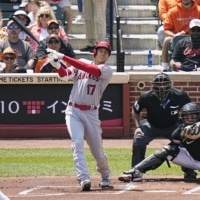 Shohei Ohtani connects on his 10th home run of the season during the first inning against the Orioles in Baltimore on Thursday. | KYODO