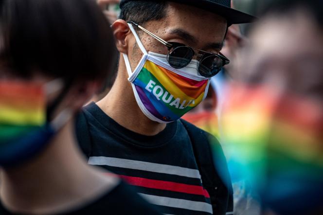 Lors d’un rassemblement pour les droits des LGBT dans le quartier de Shibuya, à Tokyo, le 6 juin 2021.