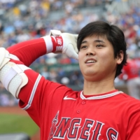 Los Angeles Angels designated hitter Shohei Ohtani celebrates after hitting a home run during the seventh inning against the Kansas City Royals at Kauffman Stadium. | USA TODAY / VIA REUTERS