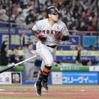 The Giants' Kazuma Okamoto runs the bases after hitting a home run against the Marines at Zozo Marine Stadium in Chiba on Wednesday. | KYODO