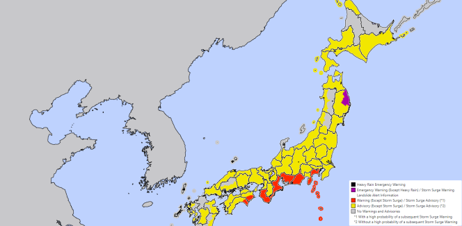 Carte de vigilance de l’agence météorologique japonaise, lundi 14 août 2023.