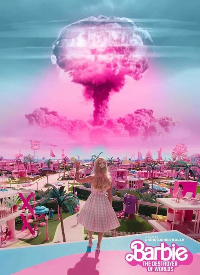 Un des nombreux montages circulant sur le réseau social X, représentant la bombe atomique dans l’univers du film « Barbie ».